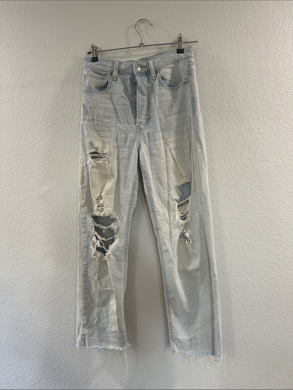 Light Blue Straight Fit Ripped Jeans